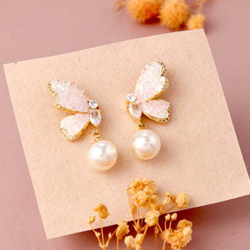 Butterfly Pearl Drop Earrings (Yellow Gold)