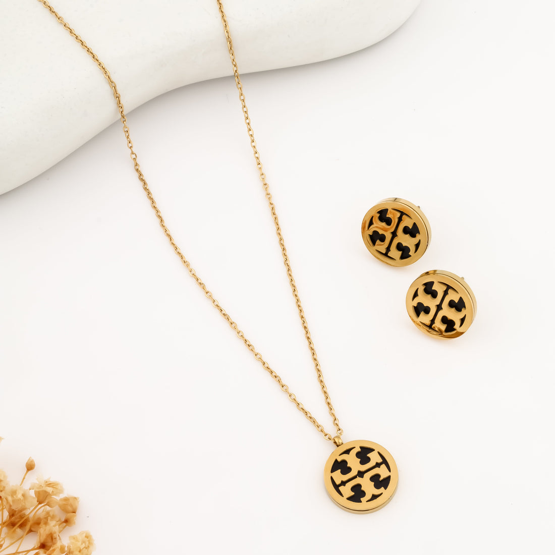 Golden Clover Charm Necklace Set ( Necklace + Earrings)