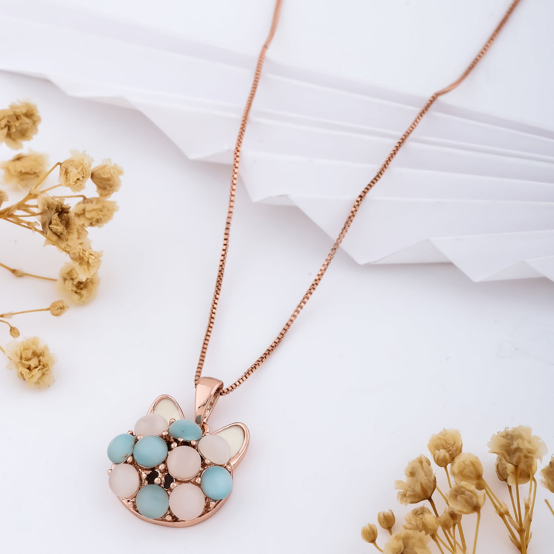 Opal Whimsy Cat Necklace (Rose Gold)