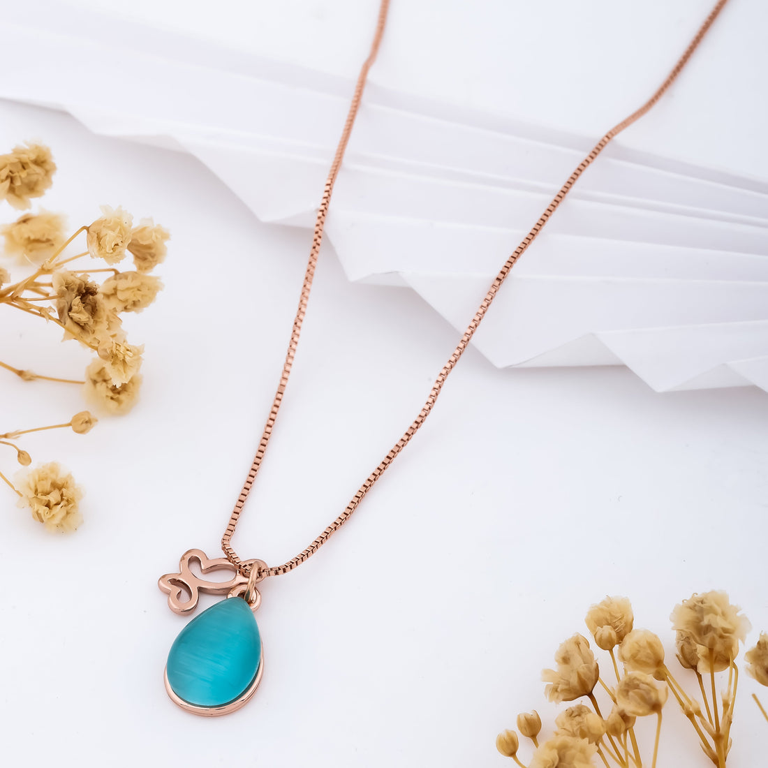 Teal Heartbeat Necklace (Rose Gold)