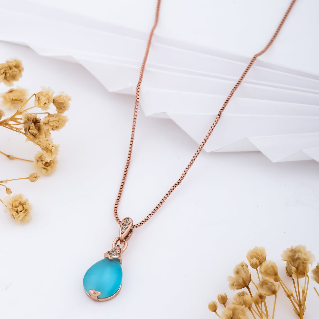 Blue Teardrop Serenity Necklace (Rose Gold)