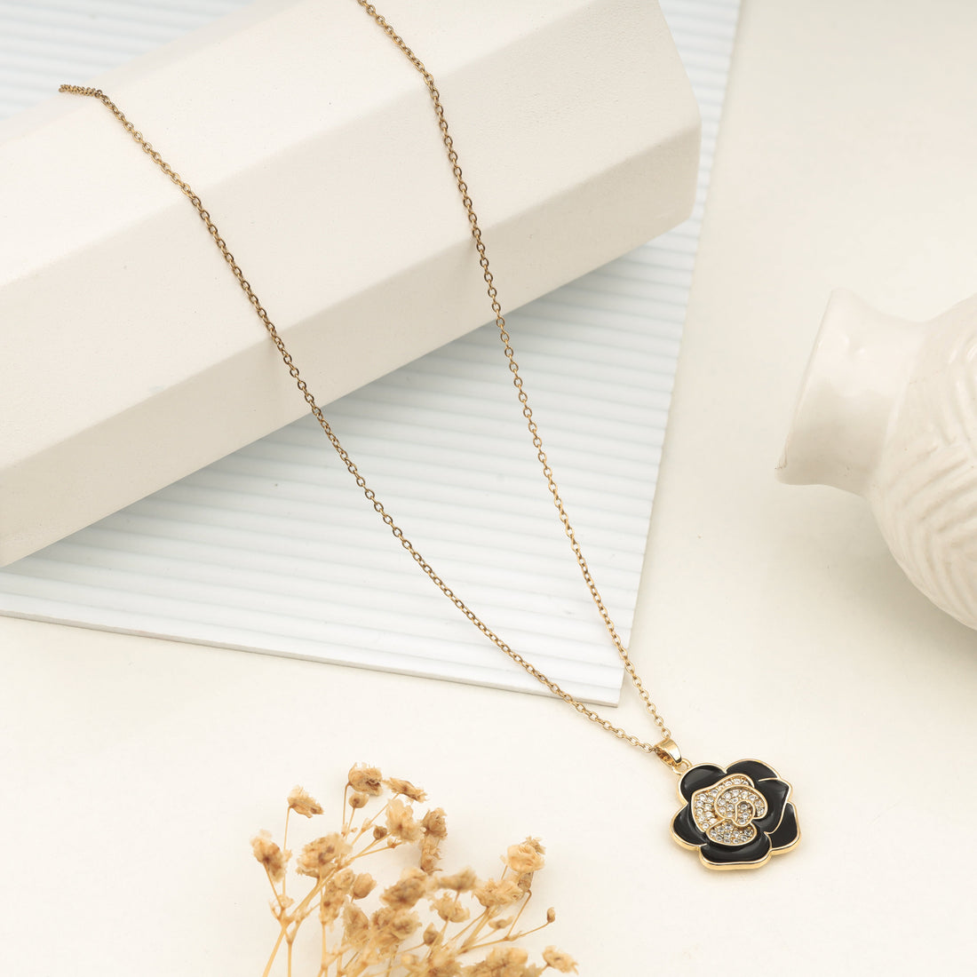 Pave Diamond Enamel Flower Necklace (Yellow Gold)