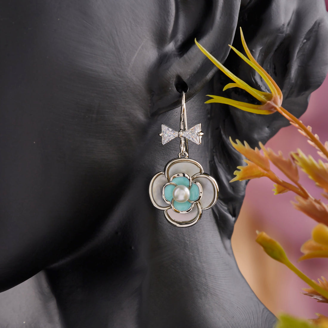 Pearl Blossom Bow Earrings (White Gold)