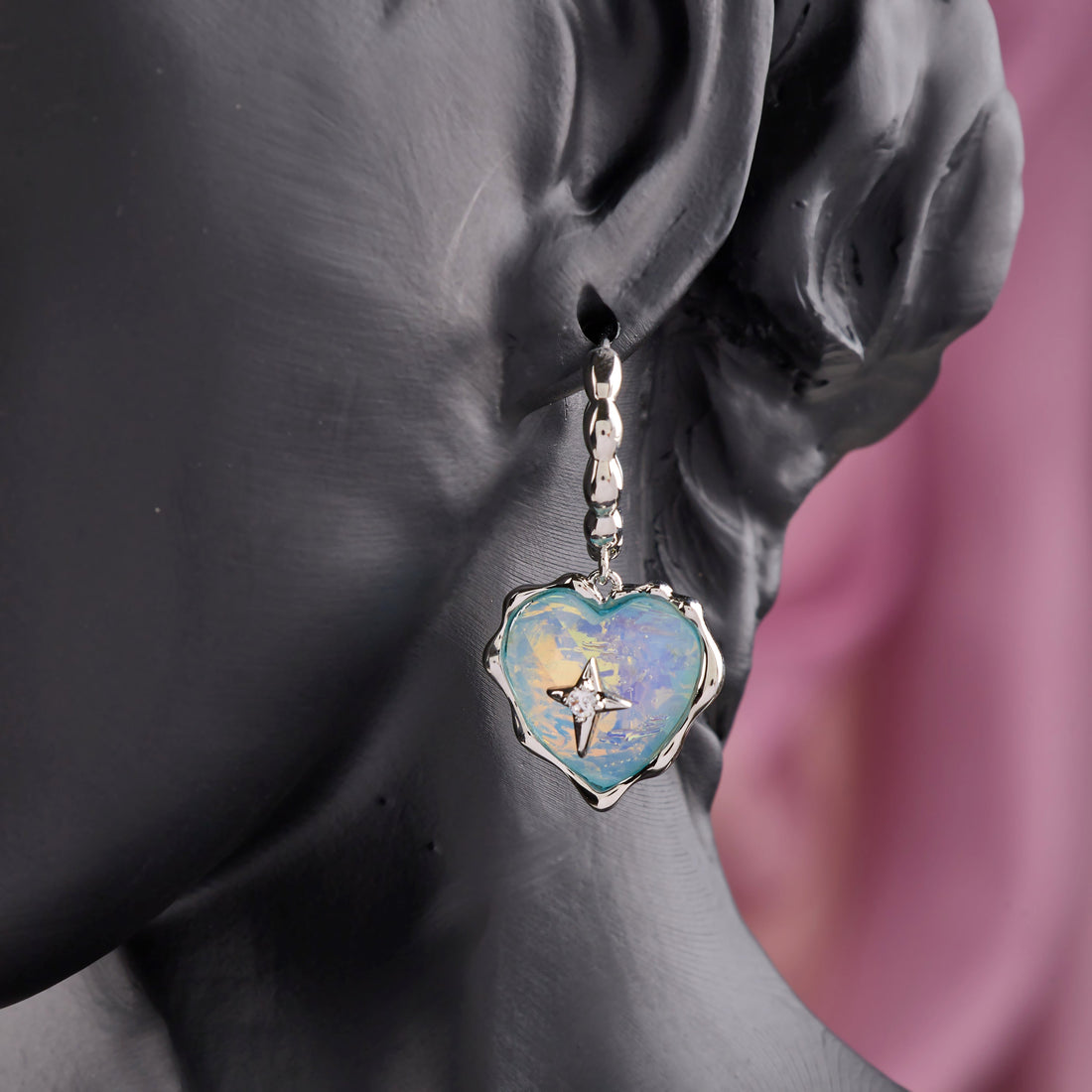 Opal Heart Star Earrings (White Gold)