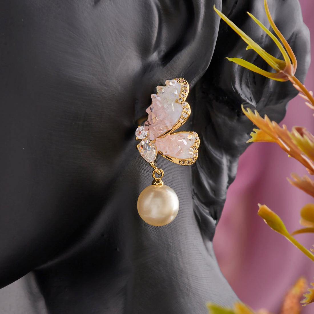 Butterfly Pearl Drop Earrings (Yellow Gold)