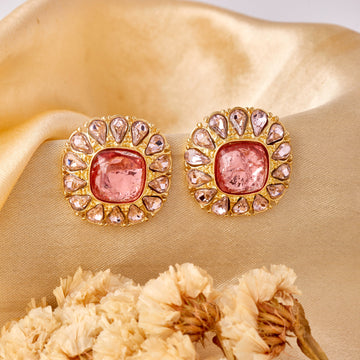 Vintage Pink Zircon And Diamond Earrings (Yellow Gold)