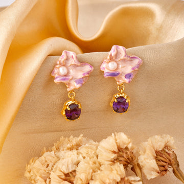 Petals Earrinngs With Pearl And Amethyst (Yellow Gold)