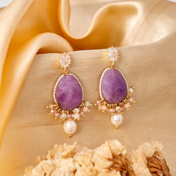 Sugilite And Pearl Earrings (Yellow Gold)