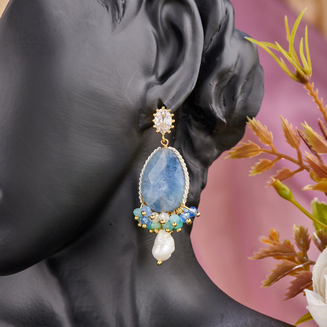 Turquoise And Pearl Earrings (Yellow Gold)