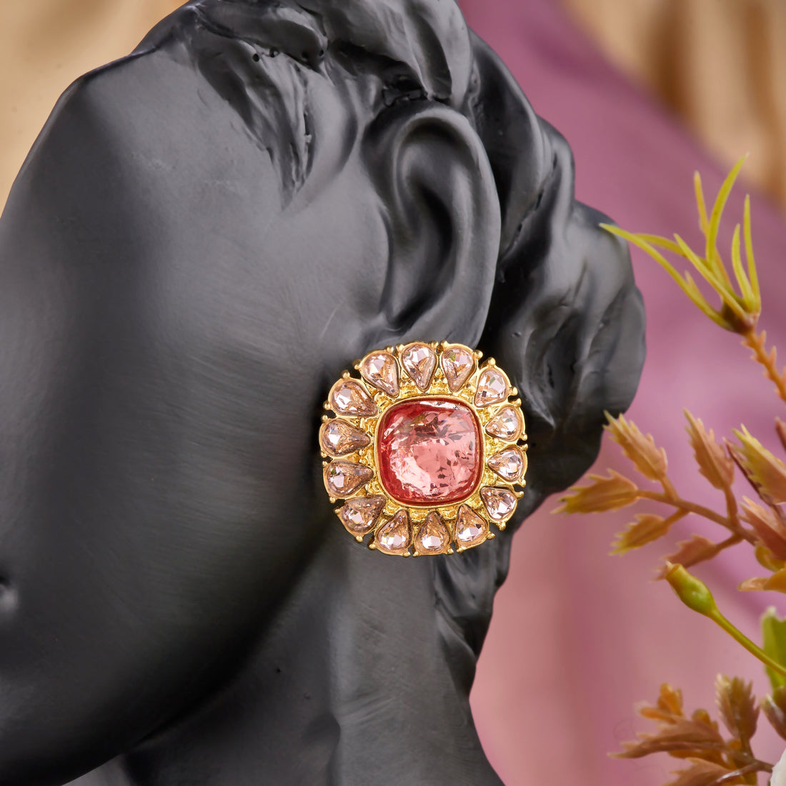 Vintage Pink Zircon And Diamond Earrings (Yellow Gold)