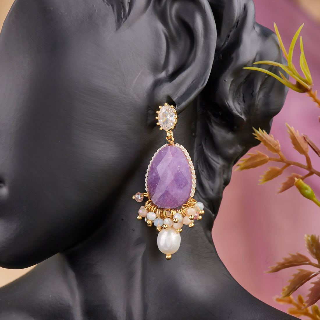 Sugilite And Pearl Earrings (Yellow Gold)
